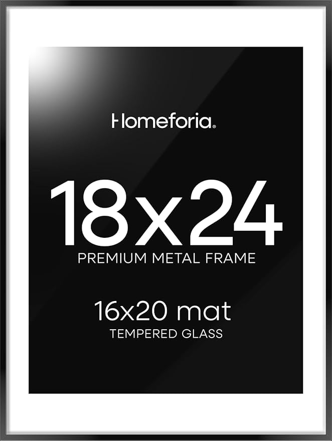 Homeforia 18x24 Poster Frame Black, High End Metal 18 x 24 Picture Frames with Mat 16 by 20 inch Photo, 18x24 Black Frame Matted to 16x20 Print, 24x18 Hanging Frame, Tempered Glass, Wall Kit, Set of 1-Ruum Studio Home