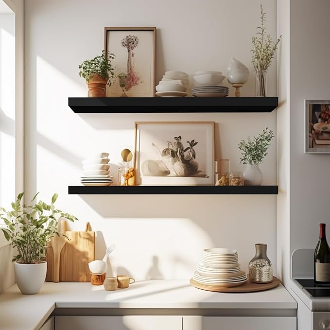 LaVie Home Floating Shelves, 24 Inch Wall Shelf Set of 2, Hanging Shelf with Invisible Brackets, Wall Decor for Bathroom, Bedroom, Living Room, Kitchen Storage, Classic Black-Ruum Studio Home
