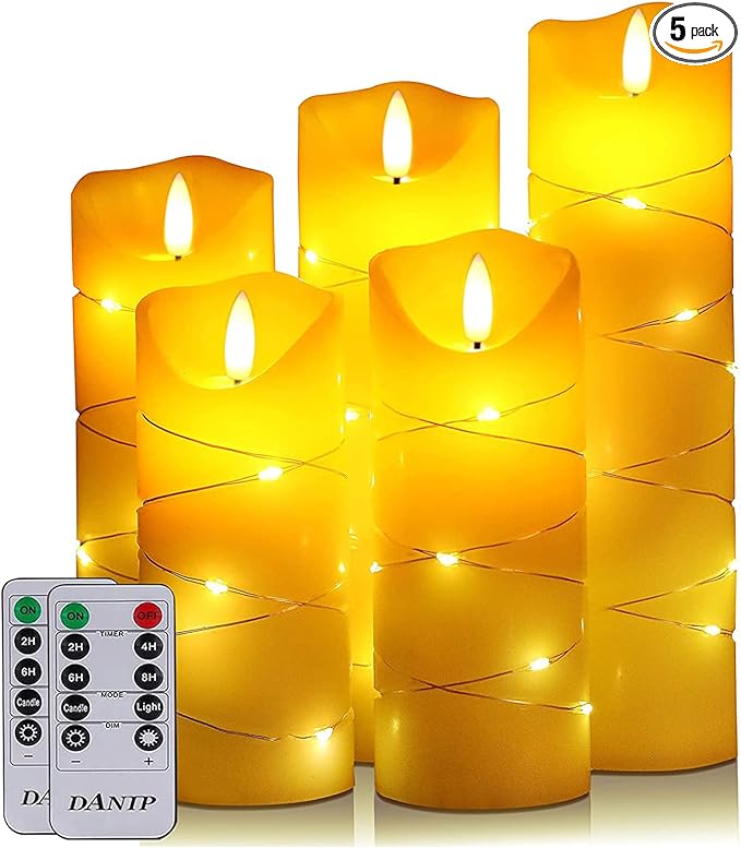 danip flameless Candle, with Embedded String Lights, 5-Piece LED Candles, with 10-Key Remote Control, 24-Hour Timer Function, Dancing Flame, Real Wax, Battery-Powered. (Ivory White)-Ruum Studio Home