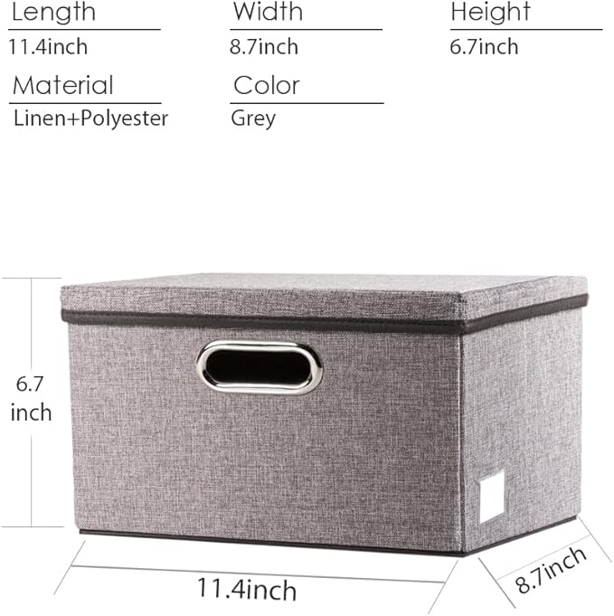 PRANDOM Storage Bins with Lids [3-Pack] Linen Fabric Foldable Storage Boxes Organizer Containers Baskets Cube with Cover for Home Bedroom Closet Office Nursery Grey（11.4X8.6X6.7-Ruum Studio Home