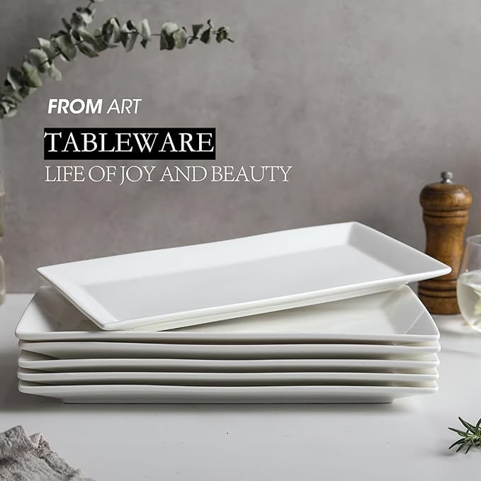 12" Serving Platters Set of 4, White Rectangular Plates, Ceramic Serving Tray, Stackable Large Party Plates for Appetizer, Dessert, Steak, Sushi, Housewarming, Oven Dishwasher Safe-Ruum Studio Home