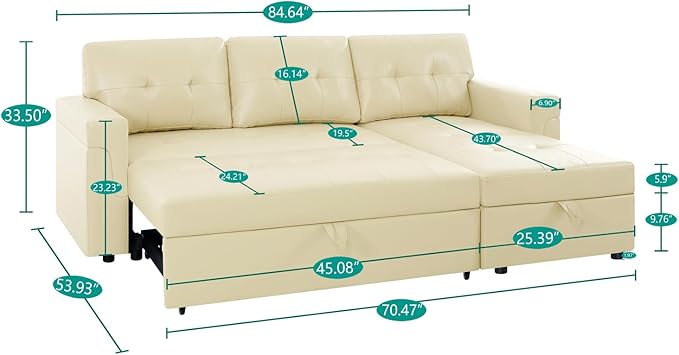 Naomi Home Transform Any Space: Sleeper Sectional Sofa with Convertible Sofa Bed & Inviting Chaise. Find Tranquil Comfort with Stress-Relieving Design & Durable Cushions - Cream/Velvet-Ruum Studio Home