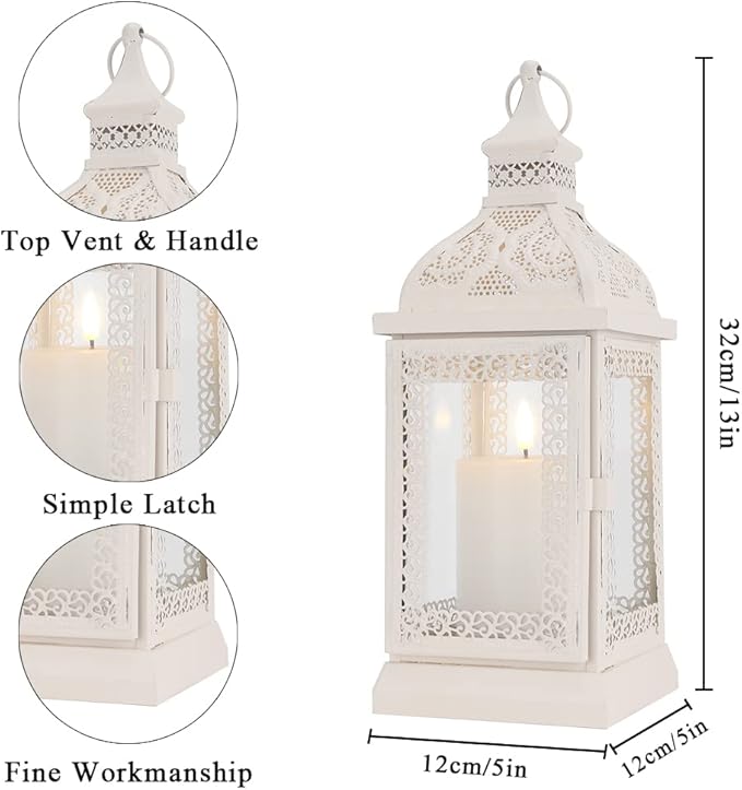 TRIROCKS Rustic Style Metal Candle Lantern 13'' High Decorative Outdoor Lantern Candle Holder with Tempered Glass for Thanksgiving Christmas Living Room Garden Patio Parties Indoors Outdoors (Cream)-Ruum Studio Home