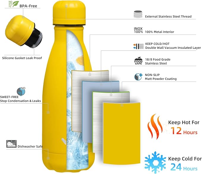 Insulated Water Bottles,12 oz Double Wall Stainless Steel Vacumm Metal Flask for Sports Travel,Yellow-Ruum Studio Home