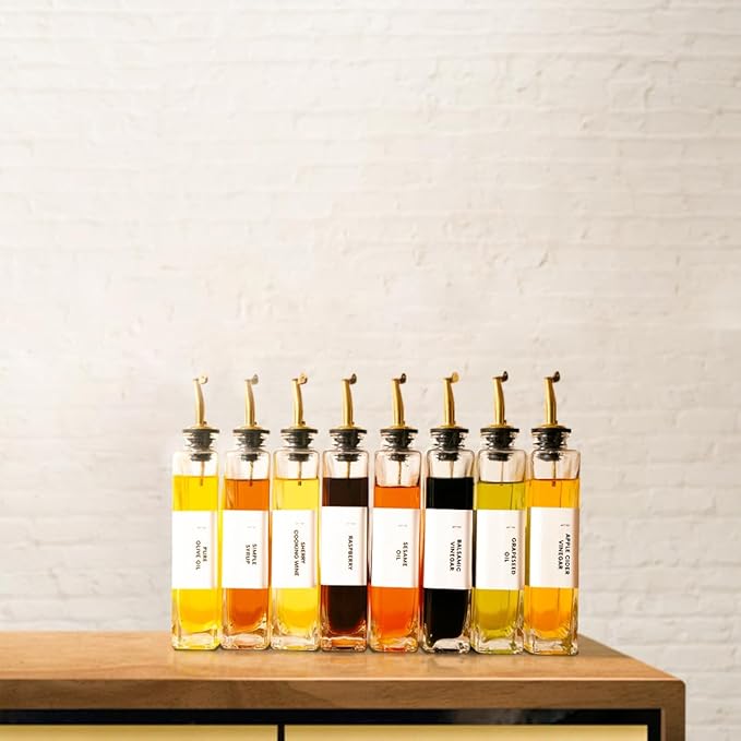 Olive Oil Dispenser for Kitchen, Cooking Oil and Vinegar Dispenser Set, Olive Oil Bottle, Soy sauce dispenser, coffee syrup bottles with stainless steel pourers - 4 pcs, Gold-Ruum Studio Home
