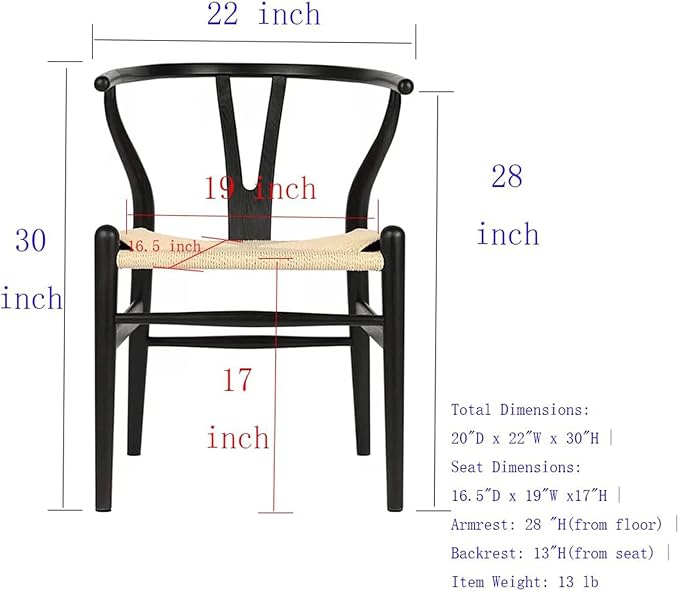 Tomile Solid Wood Wishbone Chair Y Chair Mid-Century Armrest Dining Chair, Hemp Seat (Ash Black + Natural Rope, Pack of 4)-Ruum Studio Home