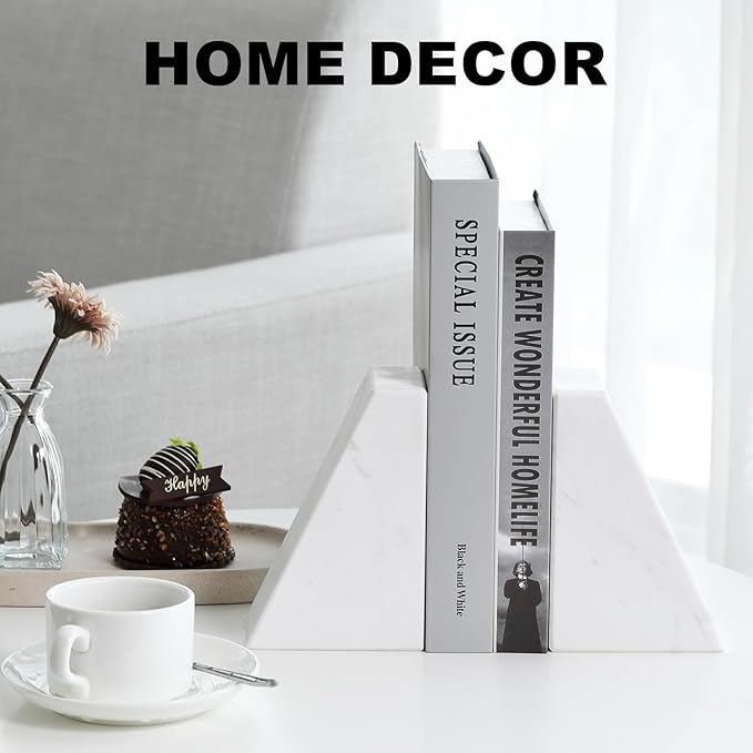 Marble Bookends for Heavy Books, Decorative Book Ends for Shelves, White Stone Durable and Heavy-Duty Book Ends for Hardback Books & CDS, Unique Book Stopper & Holder, Set of 2-Ruum Studio Home