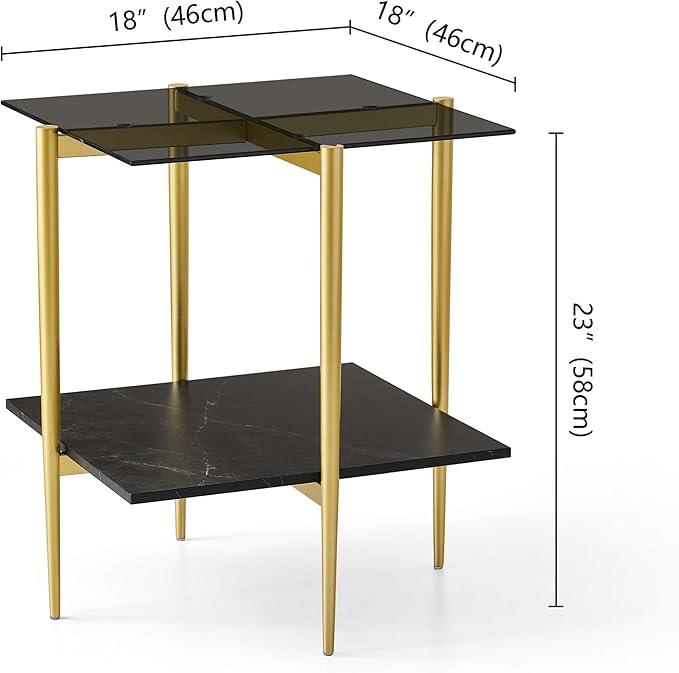 Glass End Table, Mid-Century Modern Design Sofa Table, for Living Room, L18 x W18 x H23 in, Clear Glass Top and Walnut MDF Shelf, Sleek Conical Metal Legs with Gold Finish Frame-Ruum Studio Home