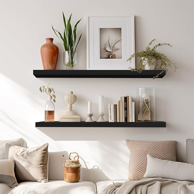 LaVie Home Floating Shelves, 24 Inch Wall Shelf Set of 2, Hanging Shelf with Invisible Brackets, Wall Decor for Bathroom, Bedroom, Living Room, Kitchen Storage, Classic Black-Ruum Studio Home