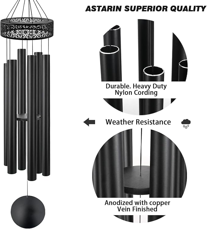 ASTARIN 60'' Deep Tone Wind Chimes for Outside -Extra Large Windchimes with 6 Heavy Tubes, Memorial Wind Chimes Outdoor for Garden Hanging Décor,Sympathy Gifts, Black-Ruum Studio Home