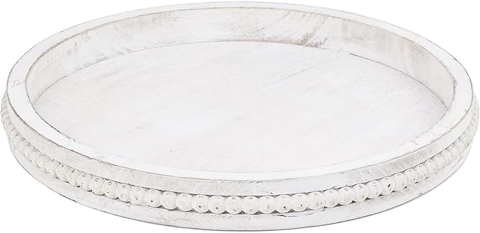 Round Wood Serving Tray with Beads, White Washed Wooden Decorative Tray for Entertaining, Decoration, and Gifting-Ruum Studio Home