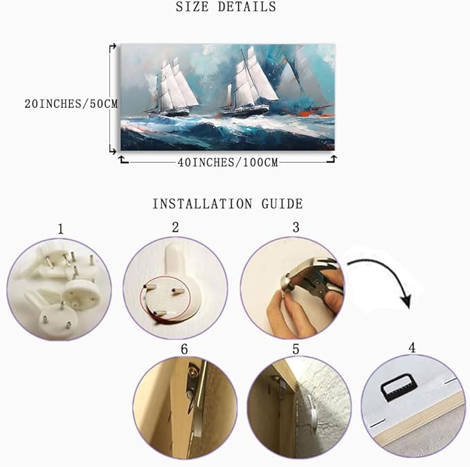 RUISHI Ocean Wall Art For Living Room Abstract Sailboat Canvas Nautical Painting Teal Blue Textured Print Coastal Themed Picture Artwork for Bedroom Bathroom Home Office Decoration 40L x 20W-Ruum Studio Home