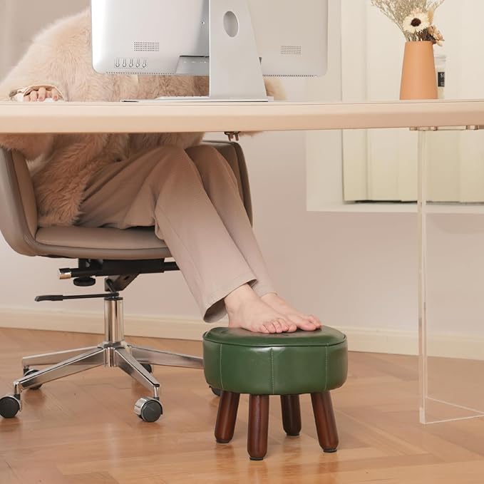 13in Small Foot Stool Ottoman, Round Faux Leather Foot Rest for Couch, Under Desk Pouf Footstool Footrest with Non-Skid Rubber Legs for Ling Room, Bedroom, 13''L x 13''W x 10.2''H, Green-Ruum Studio Home