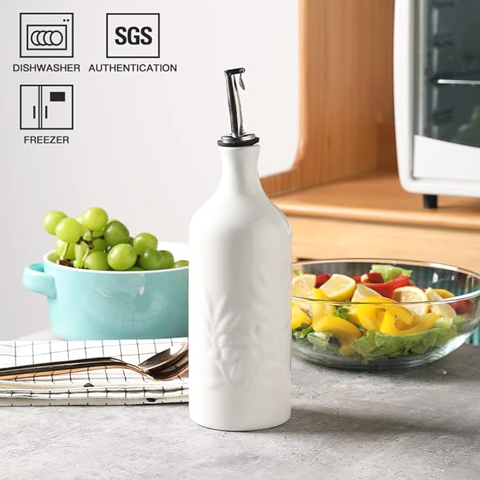 Sweejar Ceramic Olive Oil Dispenser Bottle, 20 Oz Relief Opaque Oil Cruet Protects Oil To Reduce Oxidation, Suitable for Storage Oil, Vinegar, Soy Sauce, Coffee Syrup, Liquids, Pack of 1 (White)-Ruum Studio Home