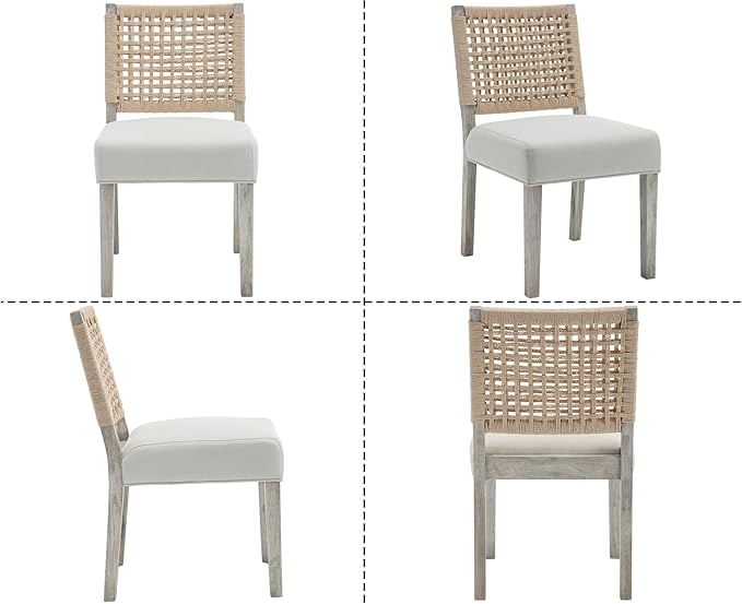 Kmax Farmhouse Dining Chairs Set of 2, Rustic Kitchen Chairs with Linen Fabric Seat and Woven Back, Vintage Accent Chairs for Dining Room, Living Room, Ivory-Ruum Studio Home