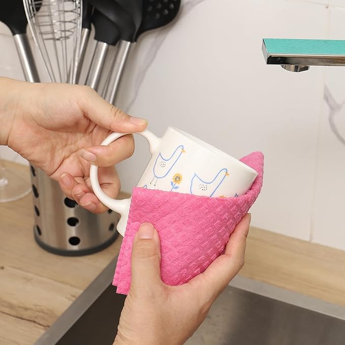 Swedish Dishcloths for Kitchen | 6 Pack Absorbent Cellulose Sponge Cloths Washable | Non-Scratch Reusable Paper Towels Quick Drying Cleaning Cloths - Pink-Ruum Studio Home