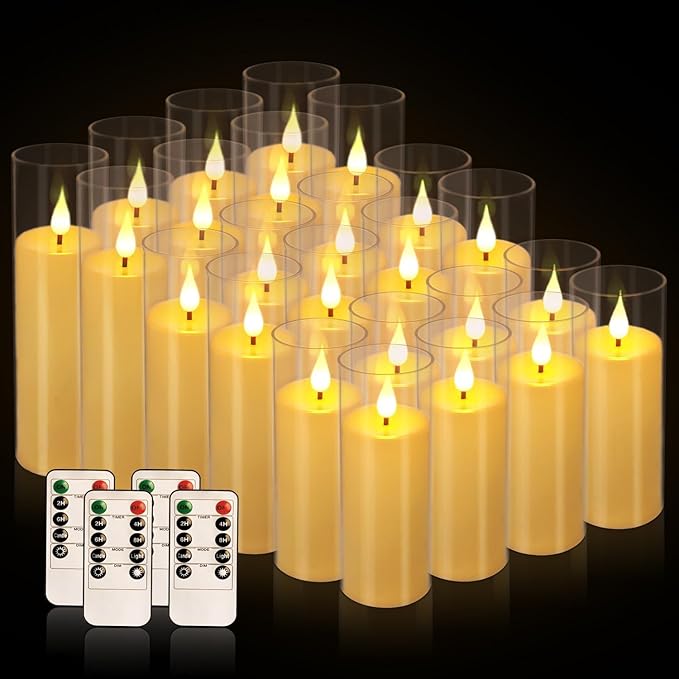 Set of 24 Flameless Led Battery Opeated (D2.2'' x H5''6''7'') Realistic Moving Wick Candles with 10-Key Remotes and Cycling 24 Hours Timer-Ruum Studio Home