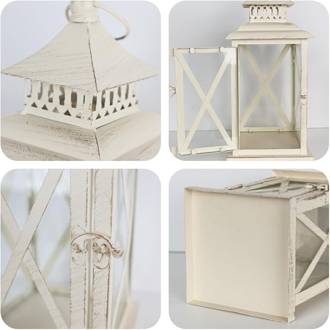 Lanterns Decorative Outdoor&Indoor, Set of 2 (14"&10") Beige Metal Lantern Decor with Glass, Candle Holder for Porch, Patio, Garden, Balcony, Wedding, Table Centerpiece-Ruum Studio Home