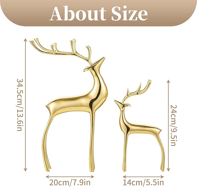 Sziqiqi Reindeer Figurine Statues Deluxe Set of 2, Christmas Deer Pure Copper Heavy Reindeer Ornaments for Home Decor Accents Living Room Office Bookself Tabletop Mantle Christmas Decoration, Gold-Ruum Studio Home