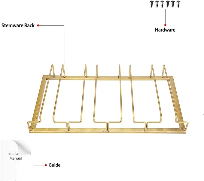 Wine Glass Rack - Under Cabinet Stemware Wine Glass Holder Glasses Storage Hanger 2 Pack Metal Organizer for Bar Kitchen 4 Rows Gold-Ruum Studio Home