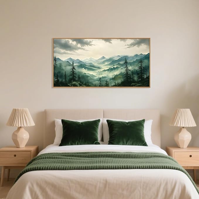Celestdeco Green Foggy Mountain Framed Canvas Wall Art Set, Misty Forest Wall Decor, Watercolor Pine Tree Wall Painting, Large Nature Landscape Art Print for Living Room, Bedroom, Office - 20"X40"-Ruum Studio Home