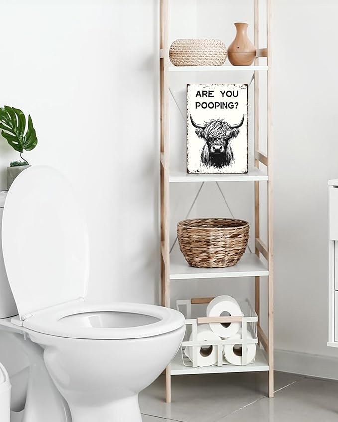 ALKB Funny Highland Cow Are You Pooping Metal Signs Vintage Farmhouse Bathroom Wall Decor Highland Cow Lovers Gift 8 x 12 Inch-Ruum Studio Home