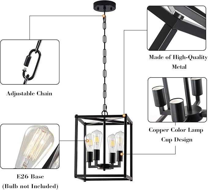 Lantern Pendant Light, 4-Light Black Chandelier,Modernized Ceiling Hanging Light Fixture for Bedroom Kitchen Island Foyer Living Room Dining Room Hallway-Ruum Studio Home