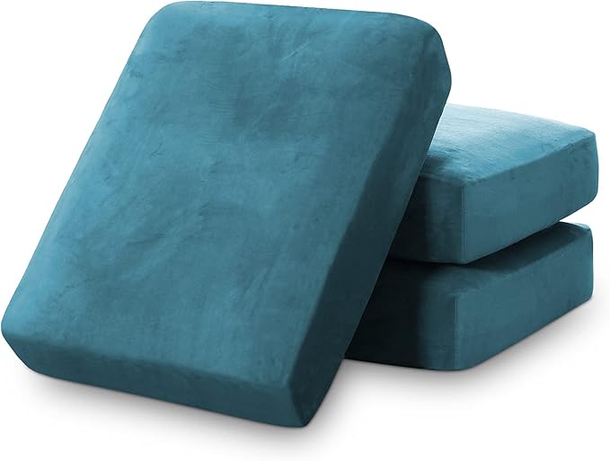 PrinceDeco Couch Cushion Covers, Stretch Washable Sofa Cushion Cover, Fitted Sofa Slipcover Velvet Fabric Non-Slip Furniture Protector for Dog,Pets, Kid (Each Width Up to 29.5", Blue)-Ruum Studio Home