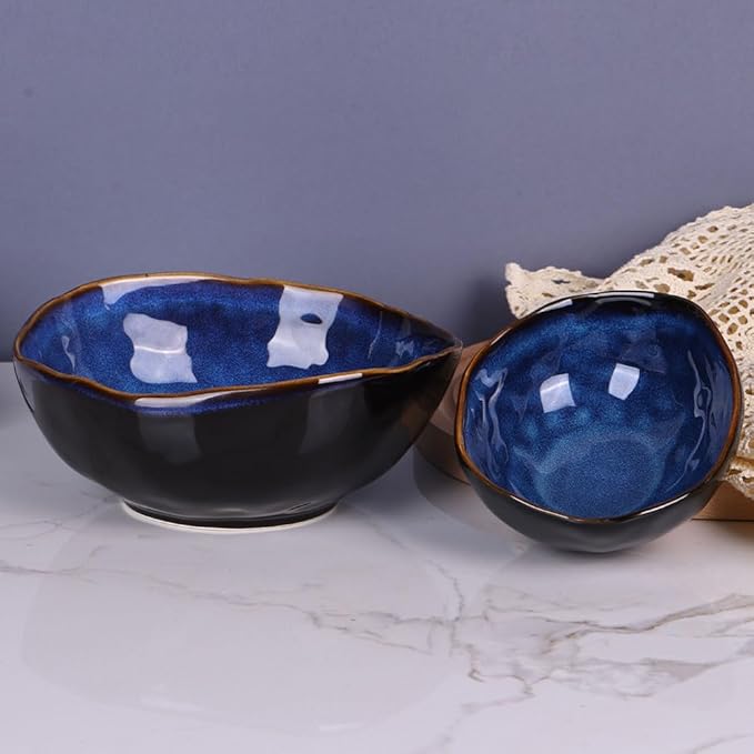 Blue Ceramic Decorative Pottery Key Bowl, Candy Dish, Salad Bowl, Small Jewelry Trinket Dish for Bedroom, Centerpiece, Bedside Table, Living Room Decor (8 inch)-Ruum Studio Home