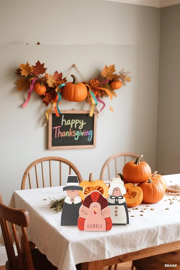 Amorita Fall Thanksgiving Decorations Wooden Turkey Pilgrim Couple Table Sign 3 Pcs Fall Thanksgiving Decor Standing Tabletop Sign Decor for Autumn Harvest - W-Ruum Studio Home