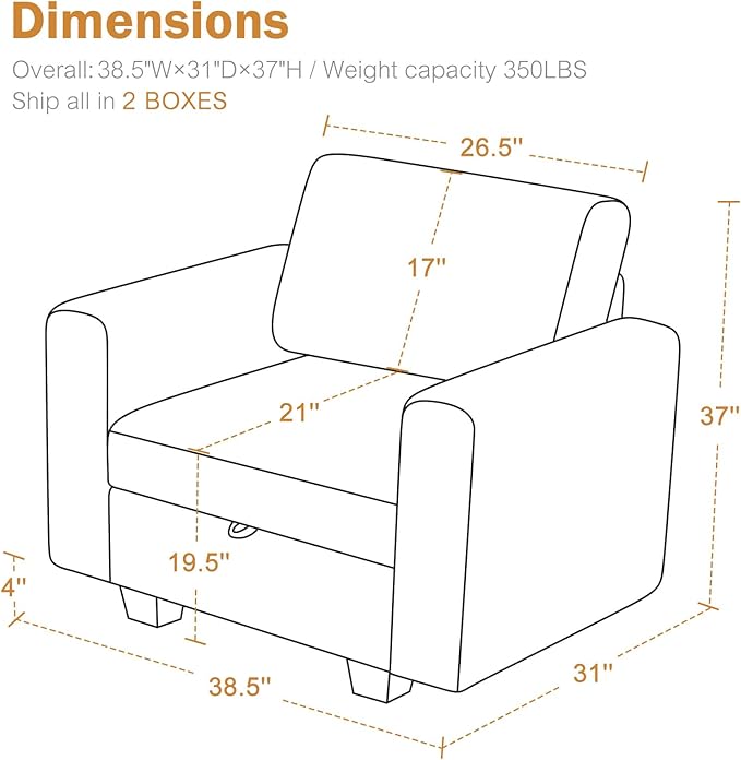 38.5 Oversized Accent Chair with Storage Ivory Corduroy, Single Modern Accent Sofa Chair with Arms for Apartment Living Room (21" Deep Seat)-Ruum Studio Home