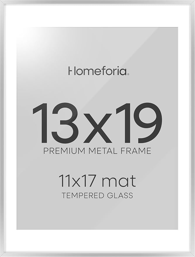 Homeforia 13 x 19 Frame Silver, High End Metal 13 x 19 Picture Frames with Mat 11 by 17 Photo, 13x19 Silver Poster Frame Matted to 11x17 Print, 19x13 Hanging Frames, Tempered Glass, Wall Kit, Set of 1-Ruum Studio Home