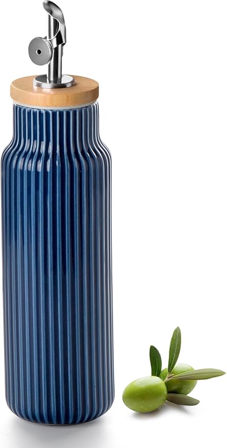Nucookery Ceramic Olive Oil Dispenser Bottle for Kitchen, 14 oz Opaque Vinegar Dispenser Bottle, Large Capacity Cooking Oil Container for Storage Vinegar, Soy Sauce, Coffee Syrup, Blue-Ruum Studio Home