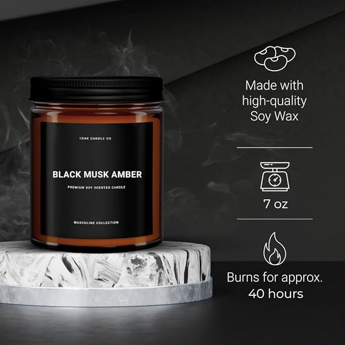 1OAK Black Musk Amber Candle - Soy Wax Scented Candle for Men - 7oz, Long Burning, Masculine - Premium Gift Option-Ruum Studio Home