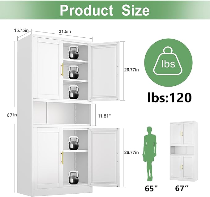 Tall Pantry Cabinet 67" H Metal Cabinet with 4 Doors, Bathroom Cabinets, 3 Adjustable Shelves for Kitchen, Home Office, Living Room, Dinning Room-Ruum Studio Home