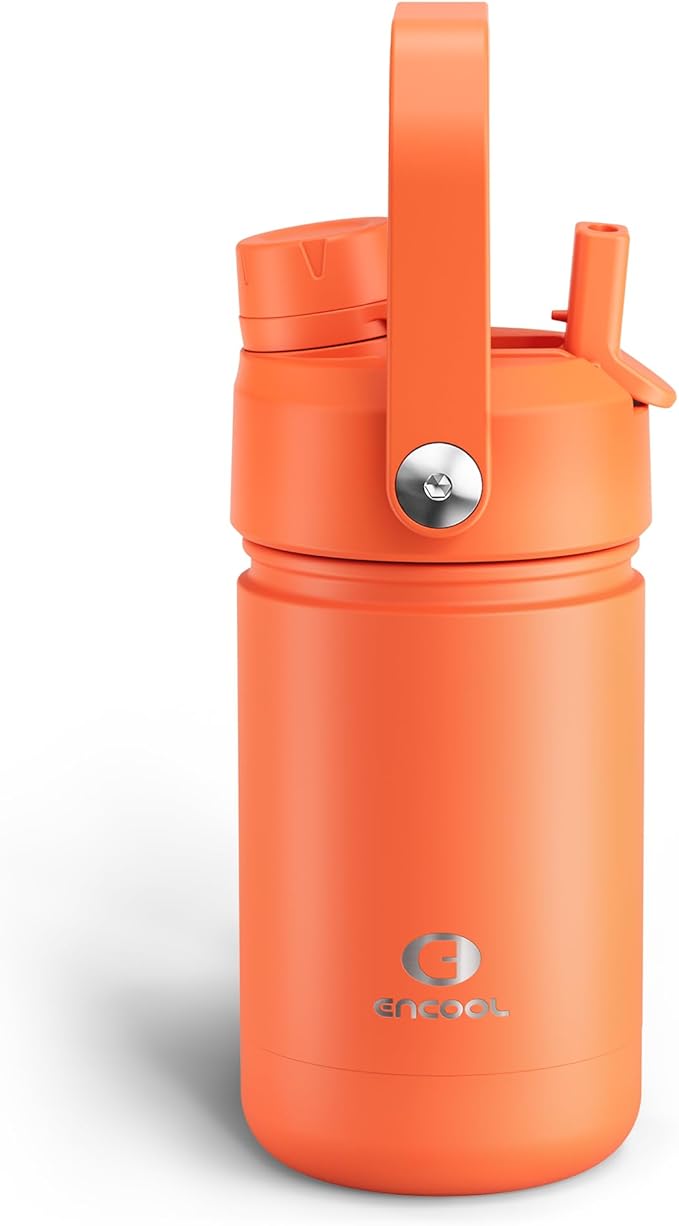 Kids Insualated Water Bottle with Straw - 12oz Stainless Steel Water Bottle with Dual Spouts, Leak-Proof, BPA-Free, Double Wall Vacuum Keeps Cold for 24 Hours for Sports, Travel (Moderate Orange)-Ruum Studio Home