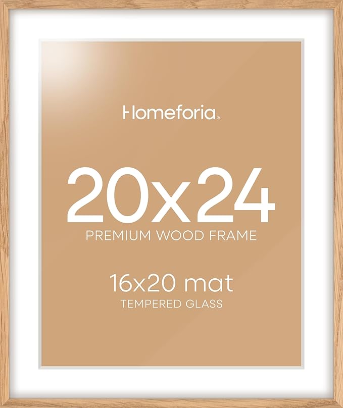 Homeforia 20x24 Picture Frame Wood, High End Natural Oak 20x24 Frame Matted to 16x20 Photo, 20 x 24 Light Wooden Poster Frames with Mat 16 by 20, 24by20 Thin Frames, Tempered Glass, Wall Kit, Set of 1-Ruum Studio Home