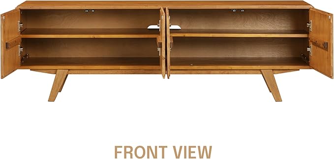 NTC Sapa Mid-Century Modern Solid Wood TV Stand 4-Door Media Console with Carved Geometric Fronts for TVs up to 75", Effortless Assembly, Teak Look-Ruum Studio Home