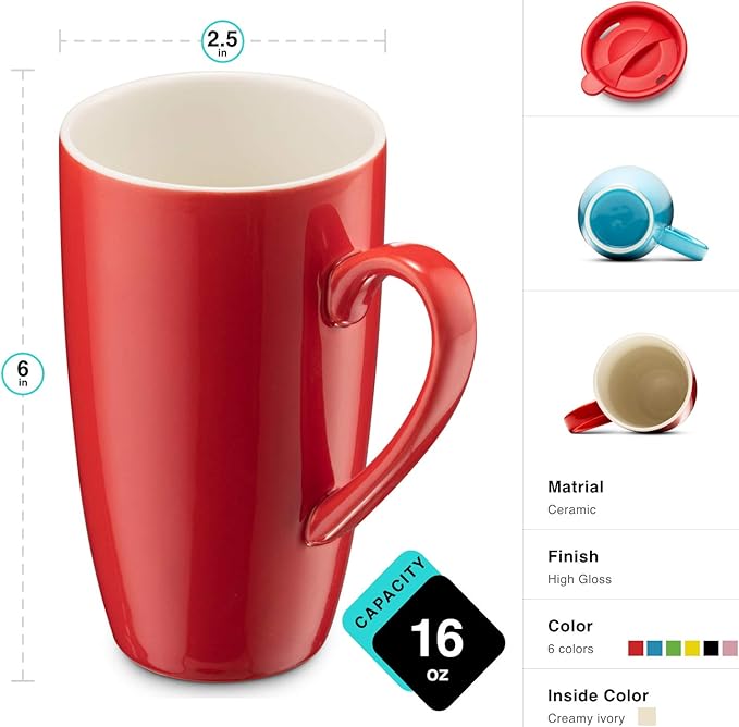 MITBAK 6-Pack Ceramic Coffee Mug Set with Lids (16-Ounce) | Large Colored Insulated Tumbler Mugs Set Great for Taking Your Coffee & Tea To-Go | Excellent Choice for Camping, Travel & Office-Ruum Studio Home