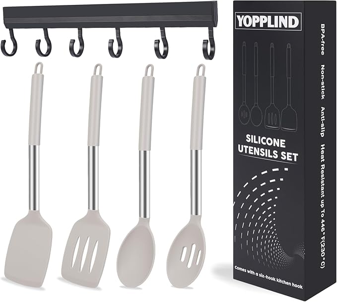 5-Piece Silicone Kitchen Tool Set, BPA-Free, Heat-Resistant, Non-Stick & Dishwasher-Safe, with Slotted/Solid Spoons & Spatulas for Frying, Mixing, Draining – Includes Multi-Purpose Serving Hook(Khaki)-Ruum Studio Home