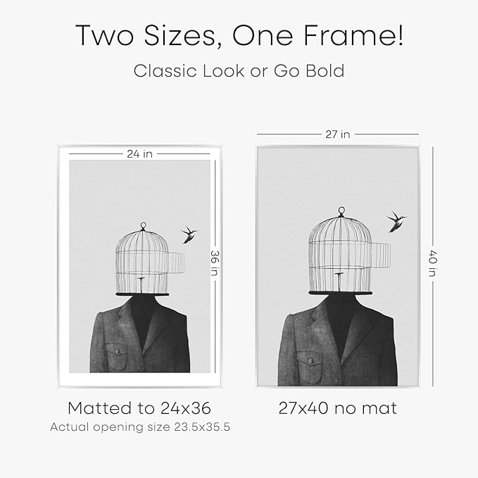 Homeforia Silver 27x40 Poster Frame, Metal Picture Frame with 24x36 Mat, Tempered Glass, Wall Hook Included, Set of 1-Ruum Studio Home