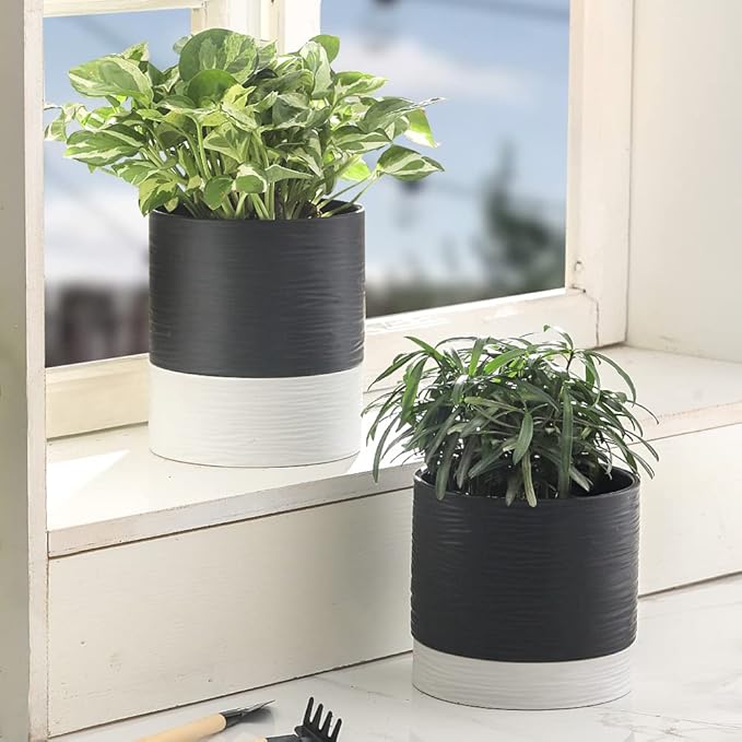 Nihow Ceramic Plant Pot: 6 Inch Planter with Drainage Hole & Saucer for Indoor & Outdoor Plants - Cylinder Round Flower Pot for Succulent/Herbs/Violets - Black & White-Ruum Studio Home
