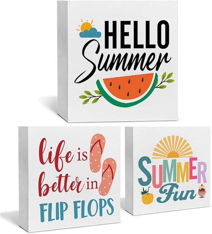 Summer Decor for Home Hello Summer Tiered Tray Decor 3 Pcs Wood Decorative Signs Table Desk Shelf Decoration-Ruum Studio Home