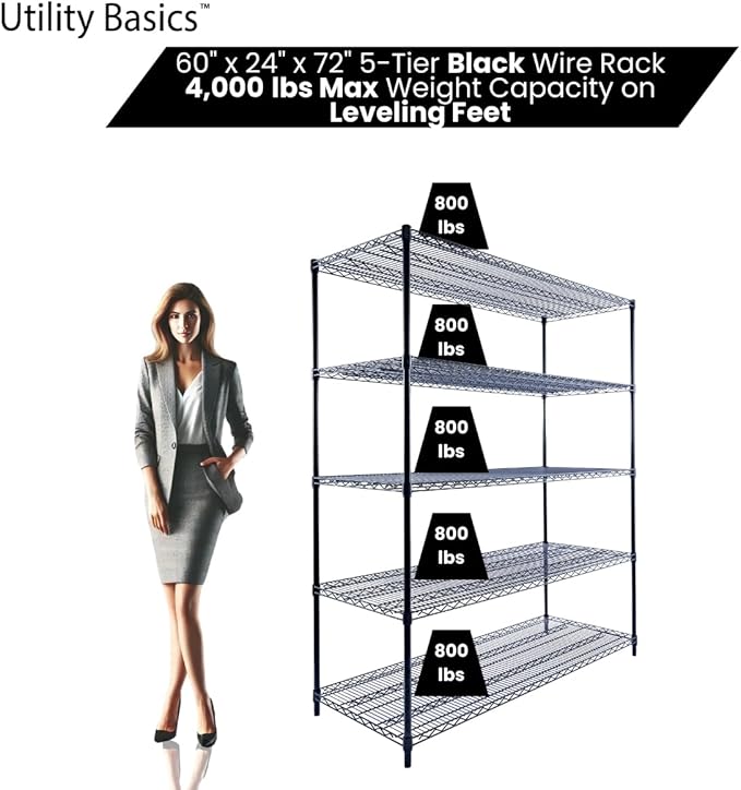 60"x24"x72" Black 5-Tier Premium Metal Wire Shelving NSF 4000 LBS MAX Capacity Heavy Duty Steel Storage Rack for Warehouse, Garage, Hospital, Commercial Space & School w/Premium Wheels-Ruum Studio Home