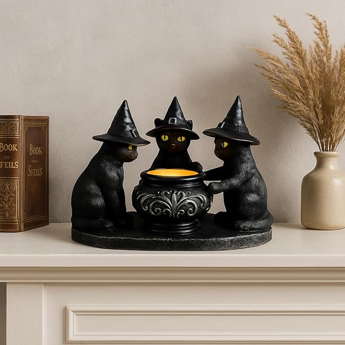 Halloween Black Cat Candle Holder, Cute Halloween Table Decor & Mantel Decoration (Black)-Ruum Studio Home