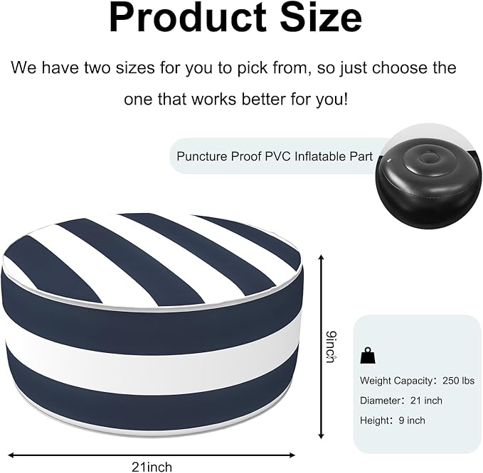 Inflatable Ottoman Stool D21 xH9 for Outdoor/Indoor Use, Water Repellent Patio Foot Rest Stool with Portable Handle,Round Pouf Ottoman Suitable for Garden,Deck and Camping - Cabana Navy-Ruum Studio Home