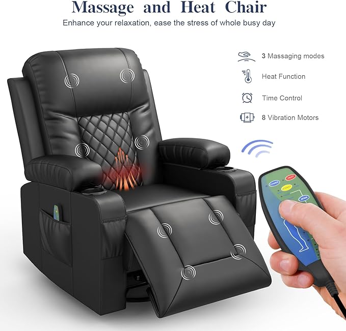 Recliner Chairs for Adults, FSC Certified Massage Rocker with Heated Modern Ergonomic Lounge 360 Degree Swivel Single Sofa Seat Living Room Lounge Recliners Black-Ruum Studio Home