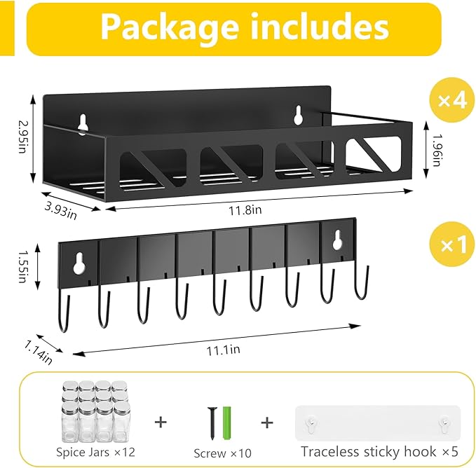 Magnetic Spice Rack Organizer for Fridge Seasoning Organizer for Kitchen storage with Screw or Adhesive Hanging,Magnetic Shelf with Hook for Refrigerator and Oven (Black, 5pack&12pcs)-Ruum Studio Home