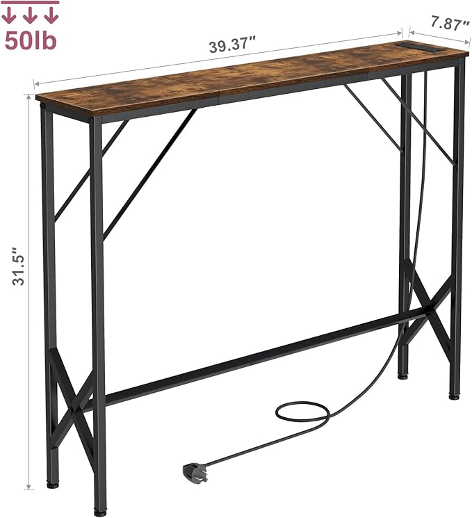 39.4" Console Table, Skinny Entryway Table with Fast-Charging Station, Narrow Long Sofa Table, Behind Slim Couch Table for Entrance, Hallway, Living Room Decor ST-BR100-1-Ruum Studio Home