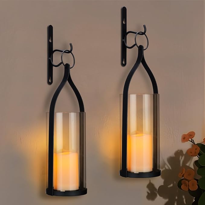 Metal Wall Sconce Candle Lantern Set of 2 - Black Wall Mounted Hanging Holder with Glass & Candles Vintage Wall Decor for Porch, Living Room, Dining Room, Bedroom Indoor Decor-Ruum Studio Home